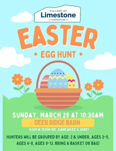 Easter egg hunt flyer with date, time and location.